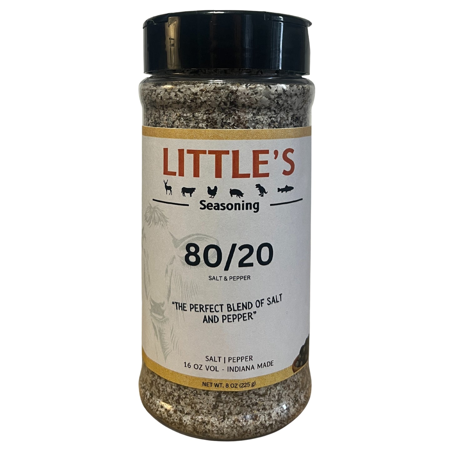 Jar of Little's 80/20 Salt & Pepper seasoning on a white background