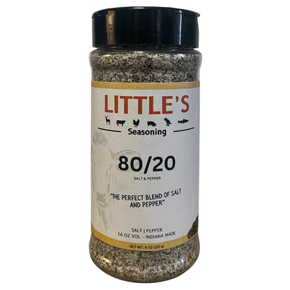 Jar of Little's 80/20 Salt & Pepper seasoning on a white background