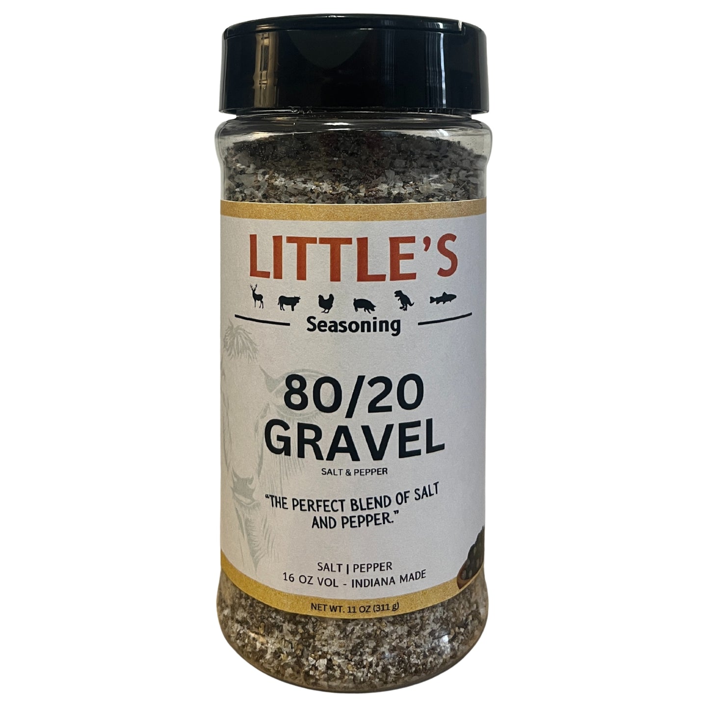 Bottle of Little's 80/20 Gravel seasoning on a white background