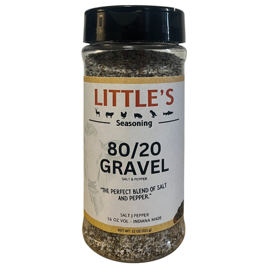 Bottle of Little's 80/20 Gravel seasoning on a white background