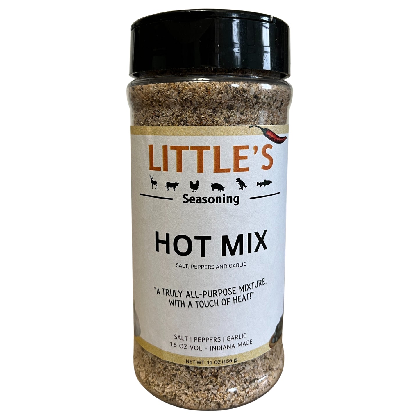 Jar of Little's Hot Mix seasoning on a white background
