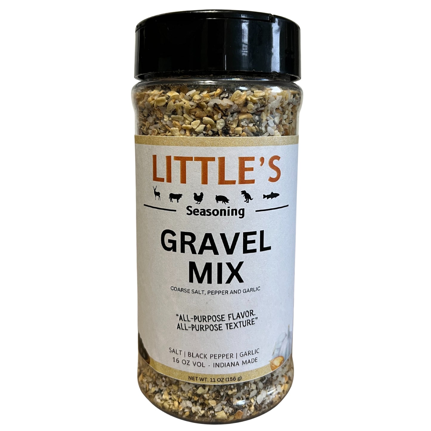 Jar of Little's Gravel Mix seasoning on a white background