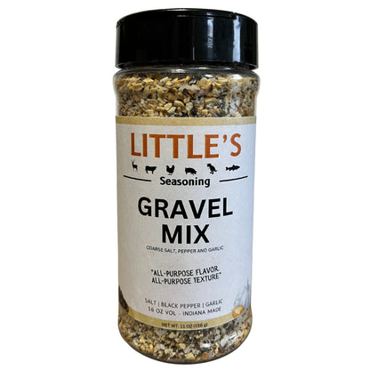Jar of Little's Gravel Mix seasoning on a white background