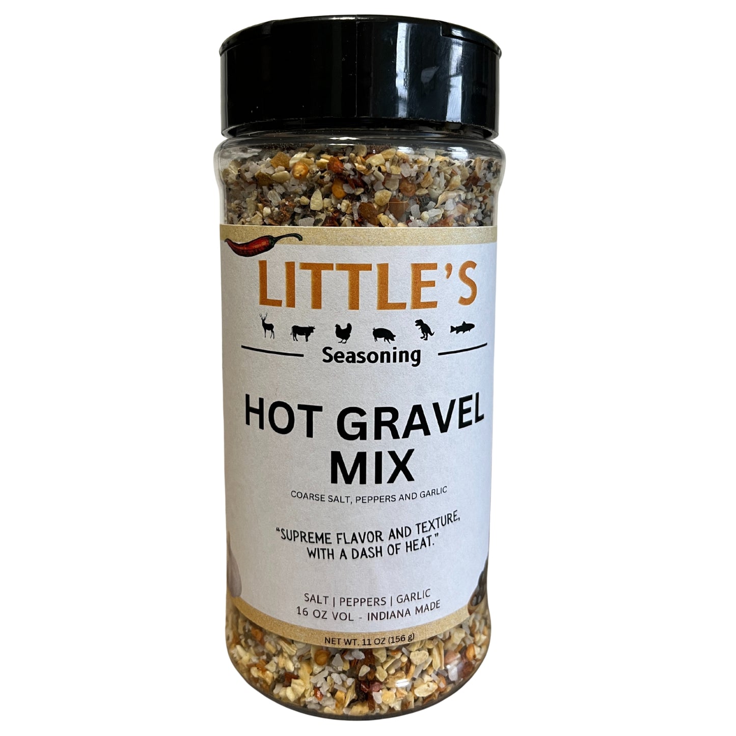 Bottle of Little's Hot Gravel Mix seasoning on a white background