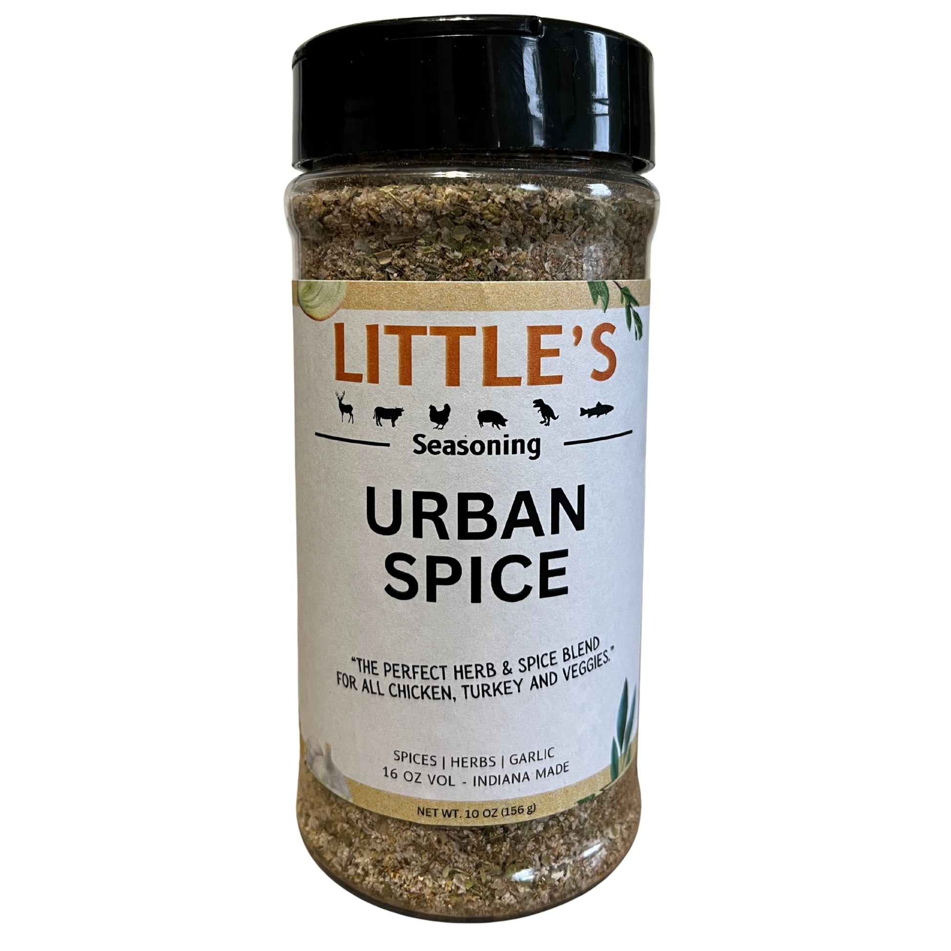 Jar of Little's Urban Spice seasoning on a white background