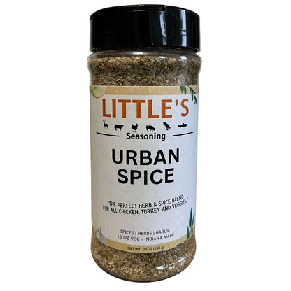 Jar of Little's Urban Spice seasoning on a white background