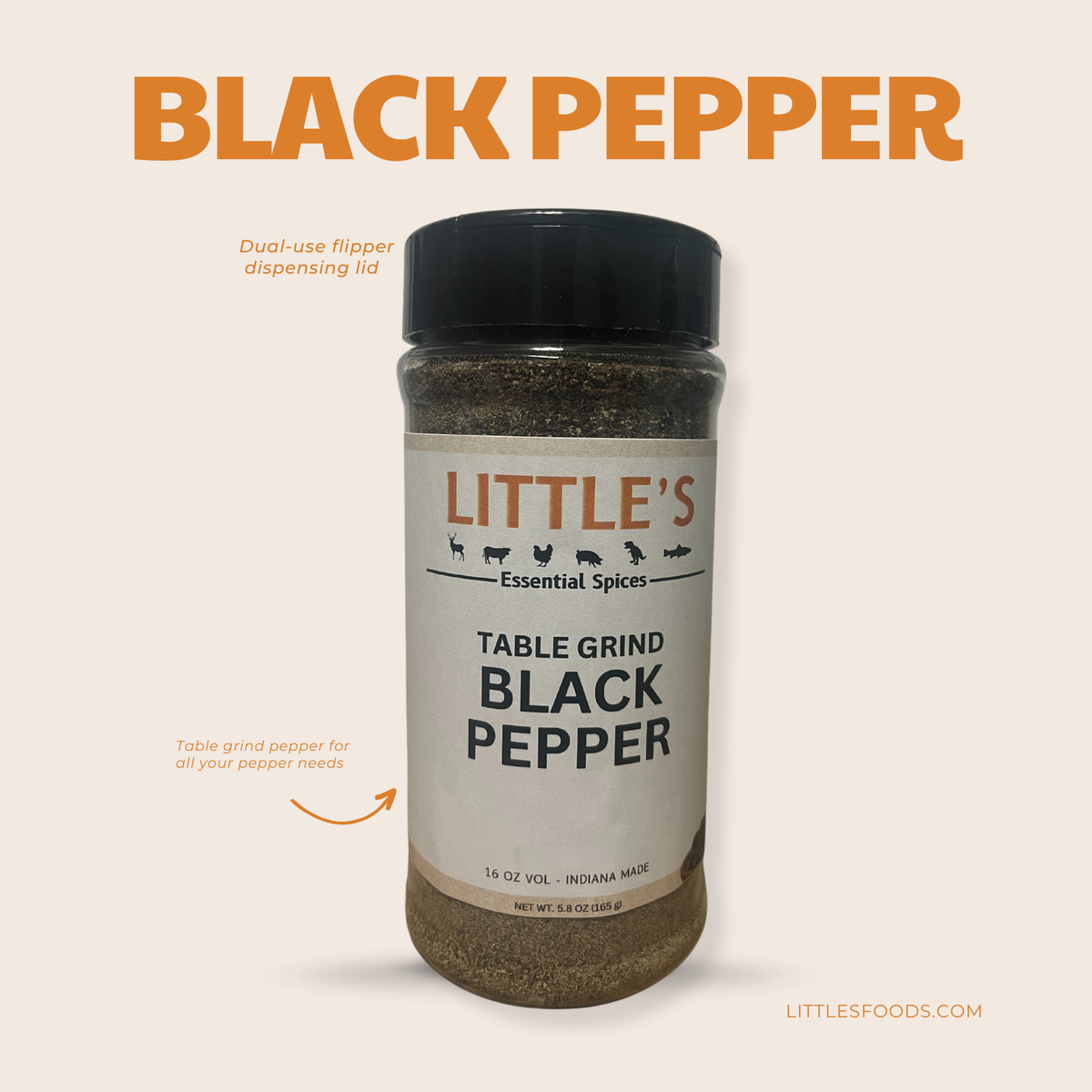 Little's Table Grind Black Pepper, 5.8 OZ Big Bottle