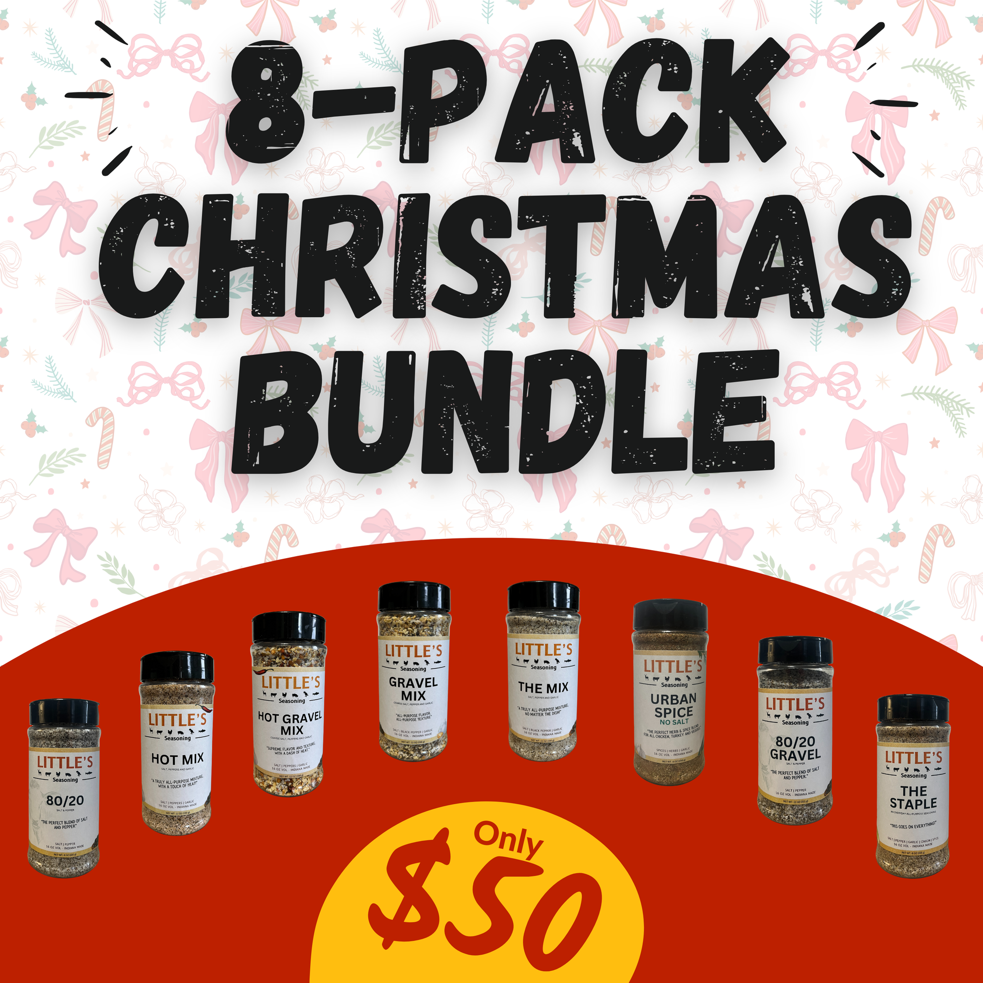 Promotional image of a 8-pack Christmas bundle with Little's Spice Mix jars on a festive background.