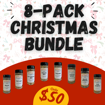 Promotional image of a 8-pack Christmas bundle with Little's Spice Mix jars on a festive background.