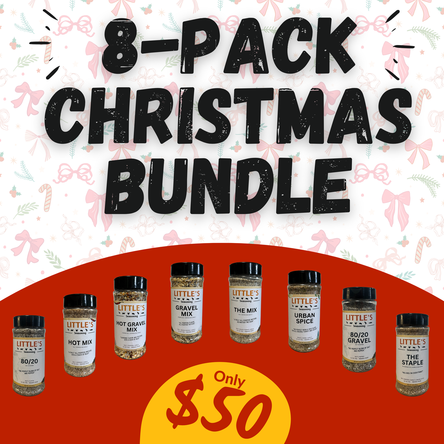 Promotional image of a 8-pack Christmas bundle with Little's Spice Mix bottles on a festive background.