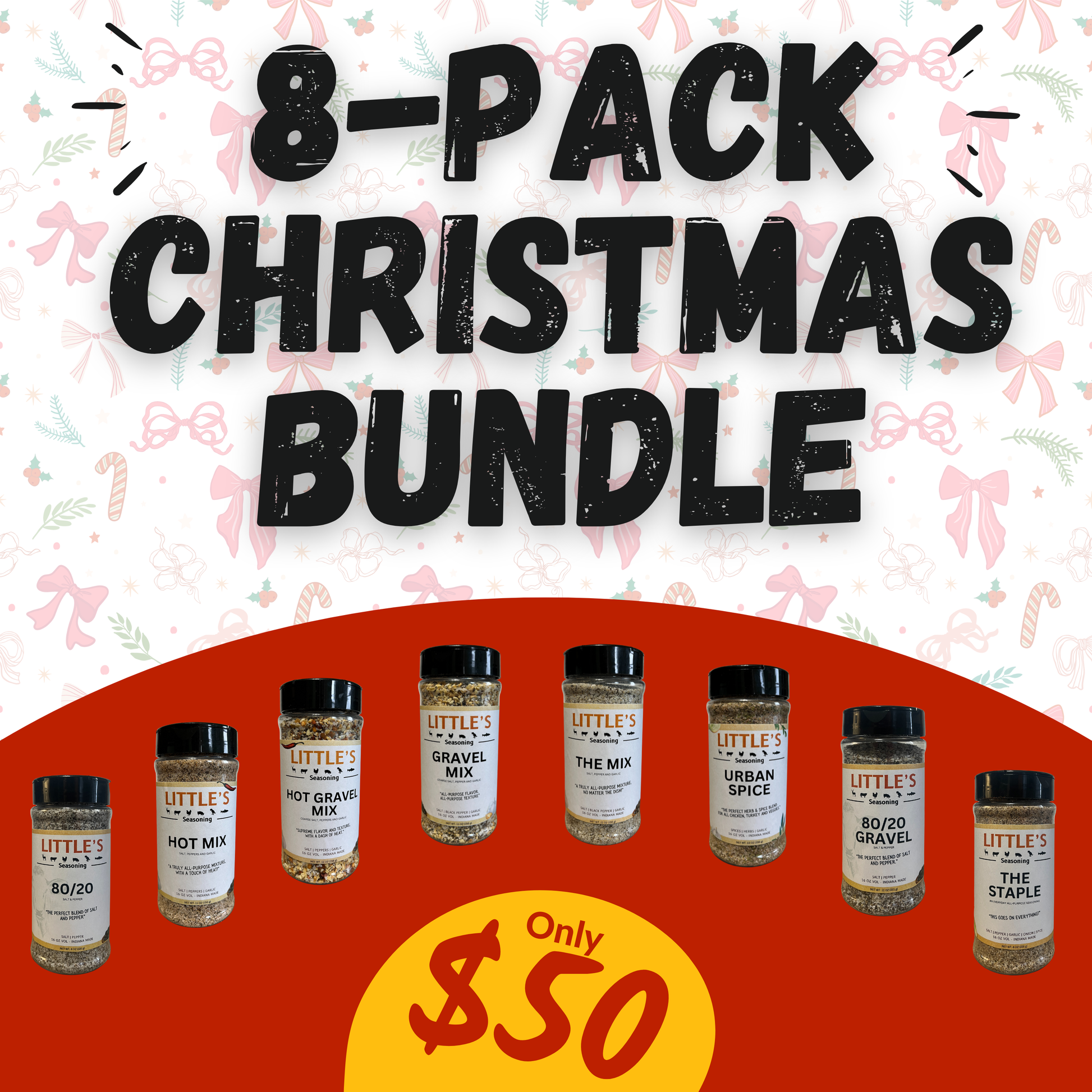 Promotional image of a 8-pack Christmas bundle with Little's Spice Mix bottles on a festive background.