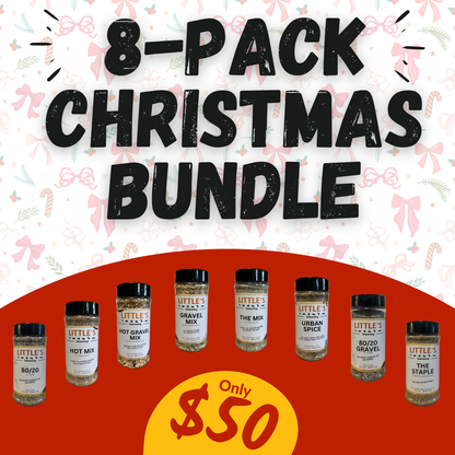 Promotional image of a 8-pack Christmas bundle with Little's Spice Mix bottles on a festive background.